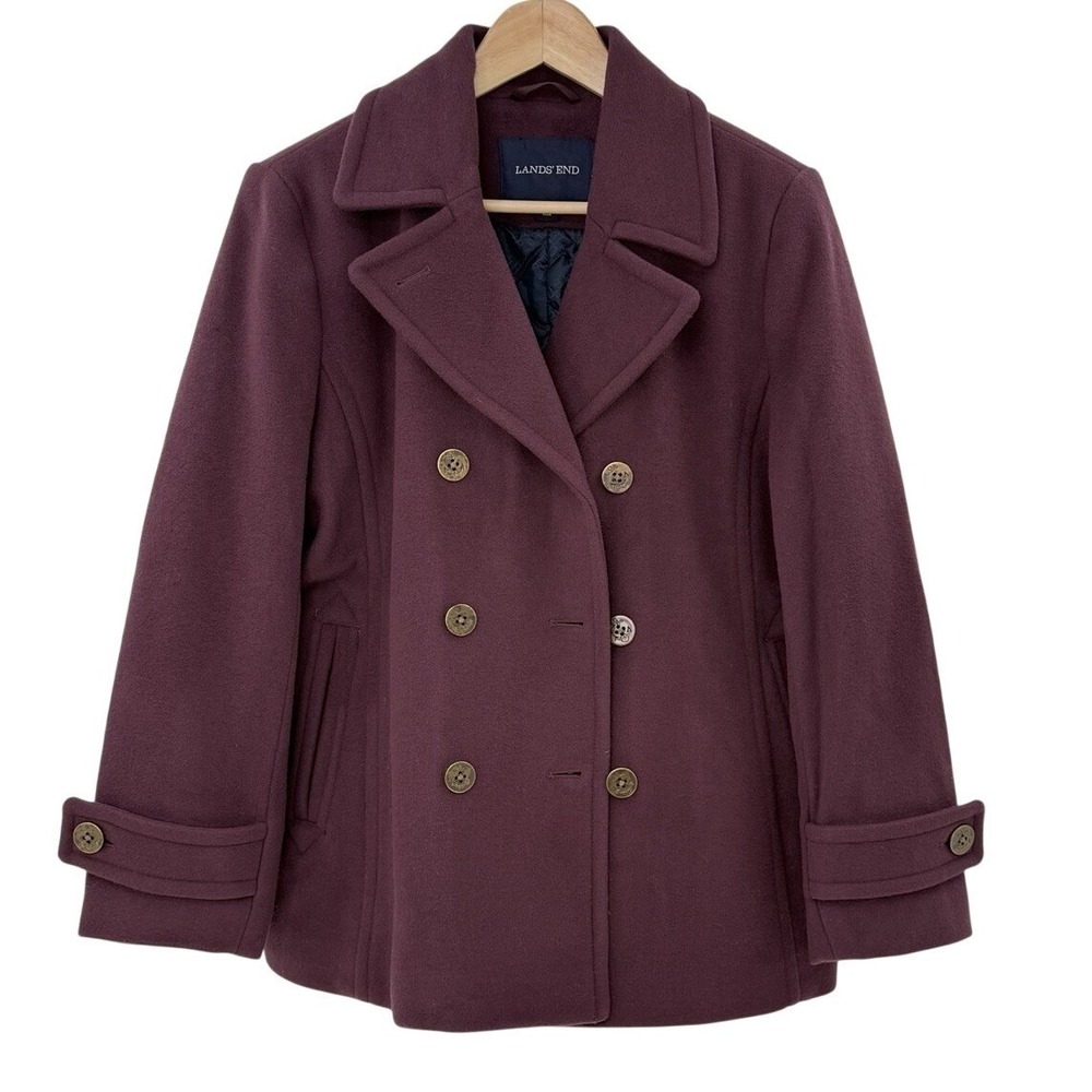 Lands' End Burgundy Purple Wool Blend Button Up Pea Coat 14P Old Money Preppy